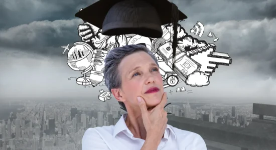 Educação continuada: qual é a importância da pós EaD? | Mulher com uma expressão pensativa e várias ilustrações com seus pensamentos | FAVENI