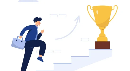 Qual a relação da pós-graduação EaD e mercado de trabalho? | Ilustração de um homem de terno subindo escadas até um troféu | FAVENI